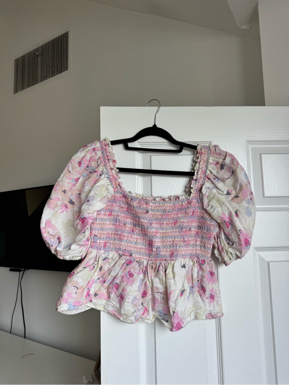 Something Navy Pink Floral Smocked Peplum Blouse